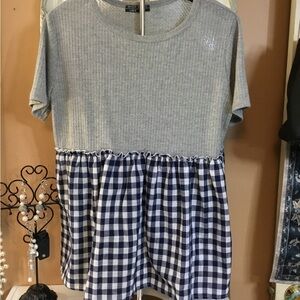 Casual Two-Tone Gray and Navy Gingham Peplum Top